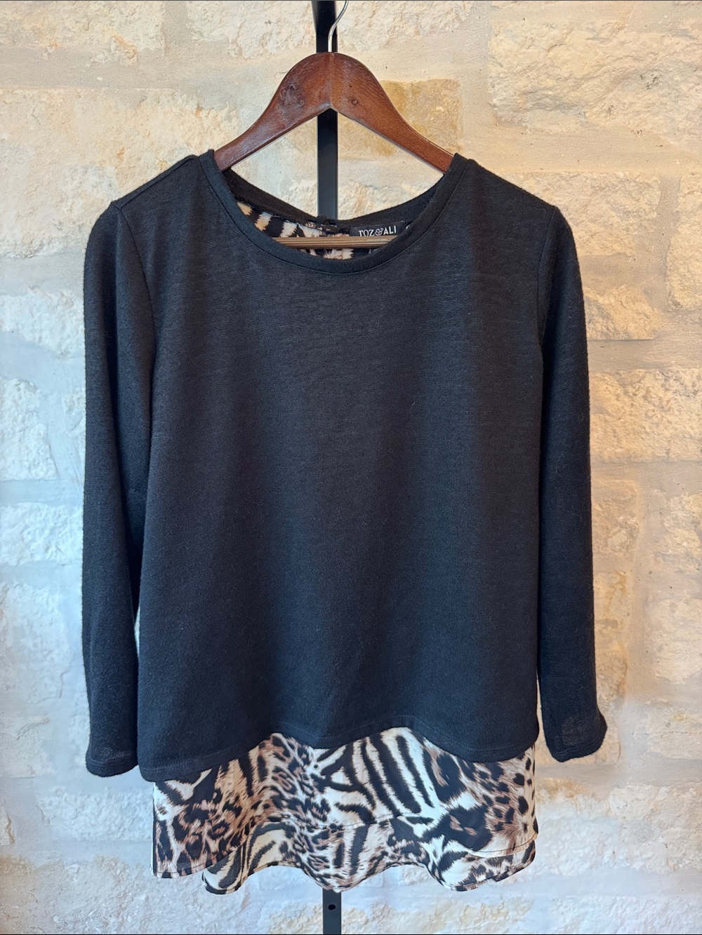 Black Layered Animal-Print Long-Sleeve Top (Women’s) Large
